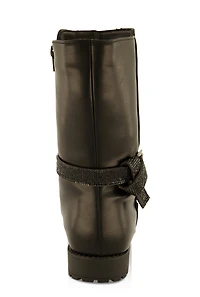 Womens Girls Rhinestone Buckle Strap Boots, Black,