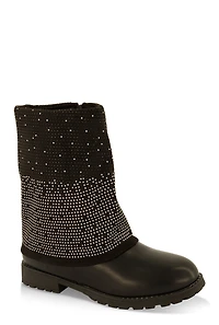 Womens Girls Rhinestone Fold Over Boots, Black, Size 1