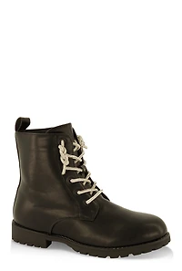 Womens Girls Rhinestone Lace Up Combat Boots, Black,