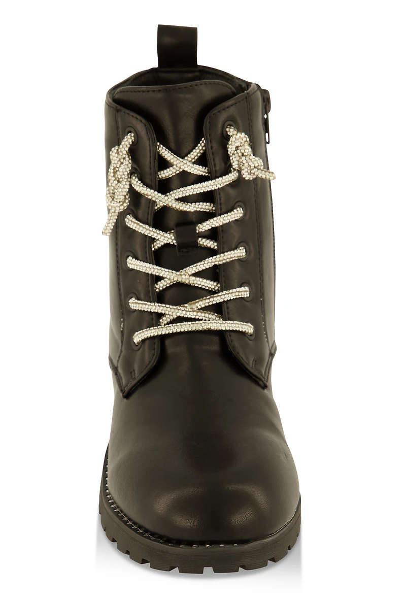 Womens Girls Rhinestone Lace Up Combat Boots, Black,