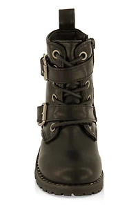 Womens Toddler Girls Double Buckle Combat Boots, Black, Size 6