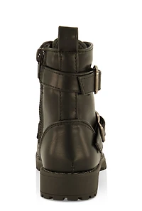 Womens Toddler Girls Double Buckle Combat Boots, Black, Size 6