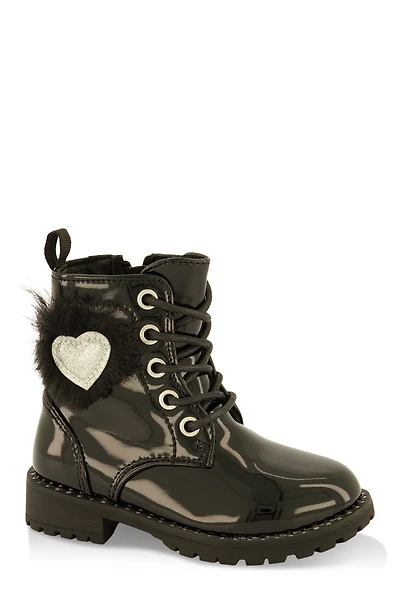Womens Toddler Girls Heart Feather Combat Boots, Black, Size 7