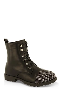 Womens Girls Rhinestone Toe Lace Up Combat Boots, Black, Size 12