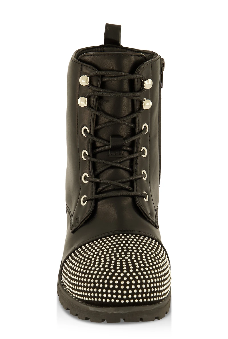 Womens Girls Rhinestone Toe Lace Up Combat Boots, Black, Size 2