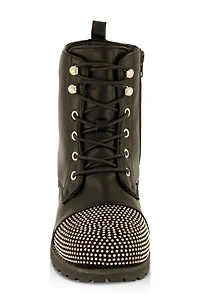 Womens Girls Rhinestone Toe Lace Up Combat Boots, Black, Size 2