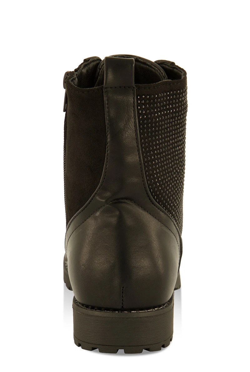 Womens Girls Rhinestone Detail Combat Boots, Black,