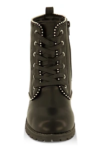 Womens Girls Faux Leather Beaded Trim Combat Boots, Black,