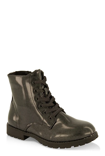 Womens Girls Studded Trim Glitter Combat Boots, Black, Size 1
