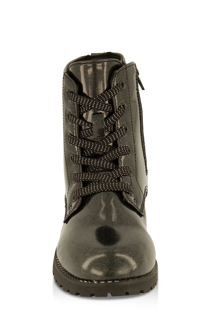 Womens Girls Studded Trim Glitter Combat Boots, Black, Size 1