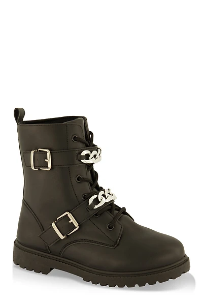 Girls Buckle Chain Detail Lace Up Combat Boots