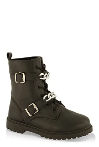 Girls Buckle Chain Detail Lace Up Combat Boots