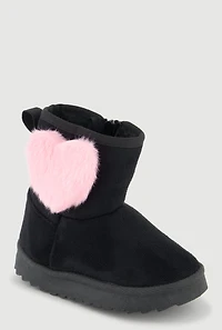 Womens Toddler Girls Faux Fur Heart Side Zip Round Toe Booties, Black,