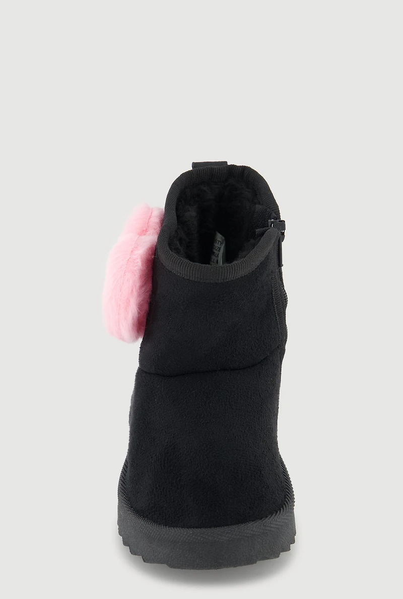 Womens Toddler Girls Faux Fur Heart Side Zip Round Toe Booties, Black,