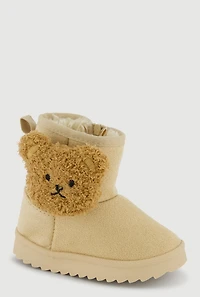 Womens Girls Chenille Bear Detail Faux Suede Boots, Beige, Size 8
