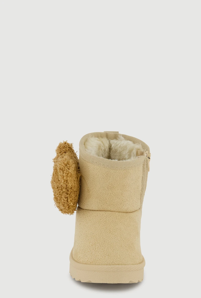 Womens Girls Chenille Bear Detail Faux Suede Boots, Beige, Size 8