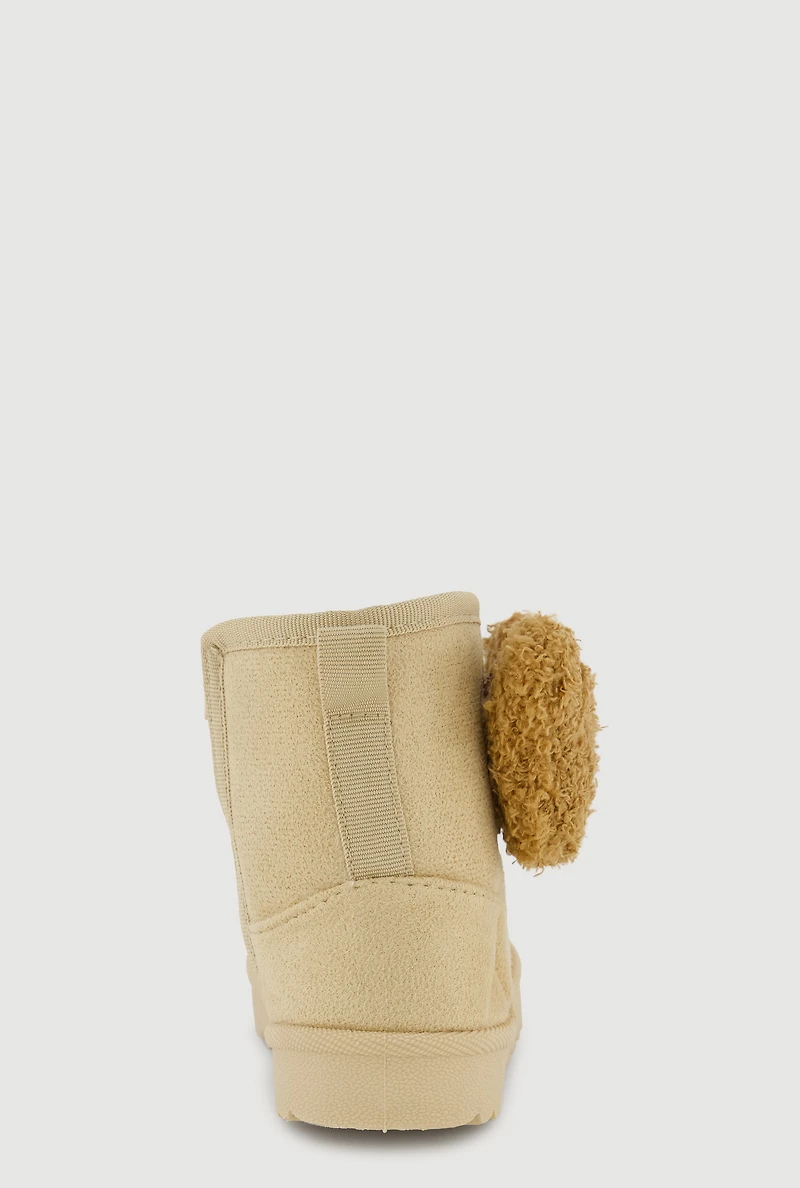 Girls Chenille Bear Detail Faux Suede Boots, Beige, Size 6