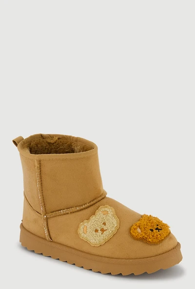 Womens Girls Chenille Bear Patch Graphic Faux Suede Boots, Brown, Size 11