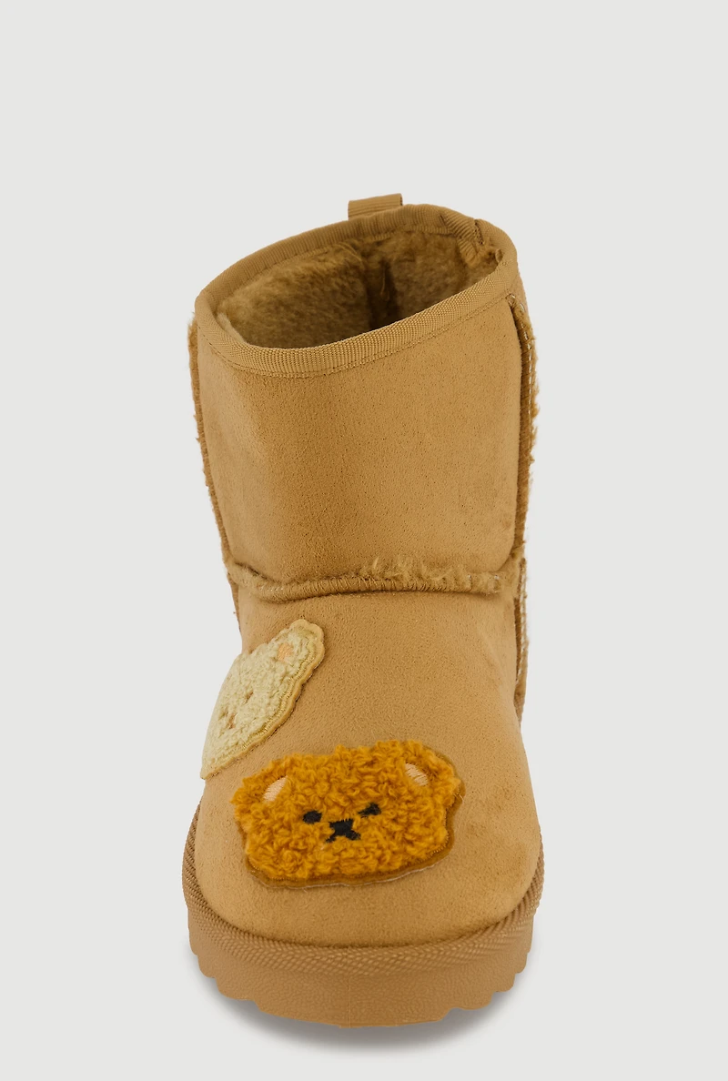 Womens Girls Chenille Bear Patch Graphic Faux Suede Boots, Brown, Size 11