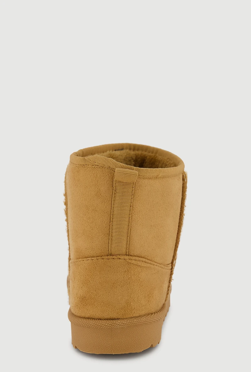 Womens Girls Chenille Bear Patch Graphic Faux Suede Boots, Brown,