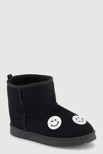 Womens Girls Faux Fur Lined Rhinestone Smiley Suede Booties,