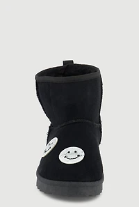 Womens Girls Faux Fur Lined Rhinestone Smiley Suede Booties,