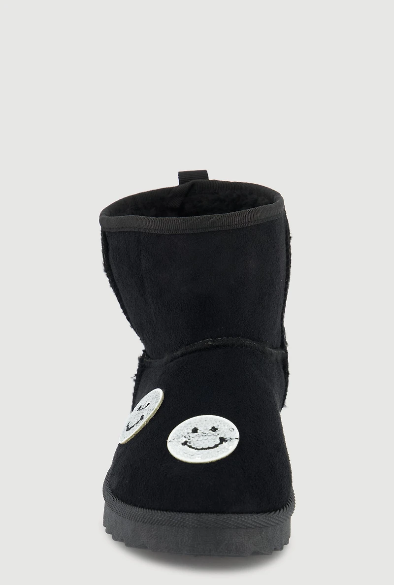 Womens Girls Faux Fur Lined Rhinestone Smiley Suede Booties, Black,