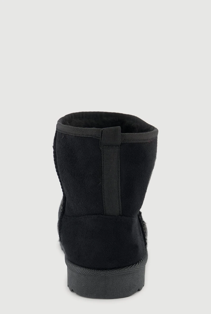 Womens Girls Faux Fur Lined Rhinestone Smiley Suede Booties,