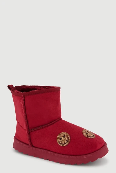 Womens Girls Faux Fur Lined Rhinestone Smiley Suede Booties,