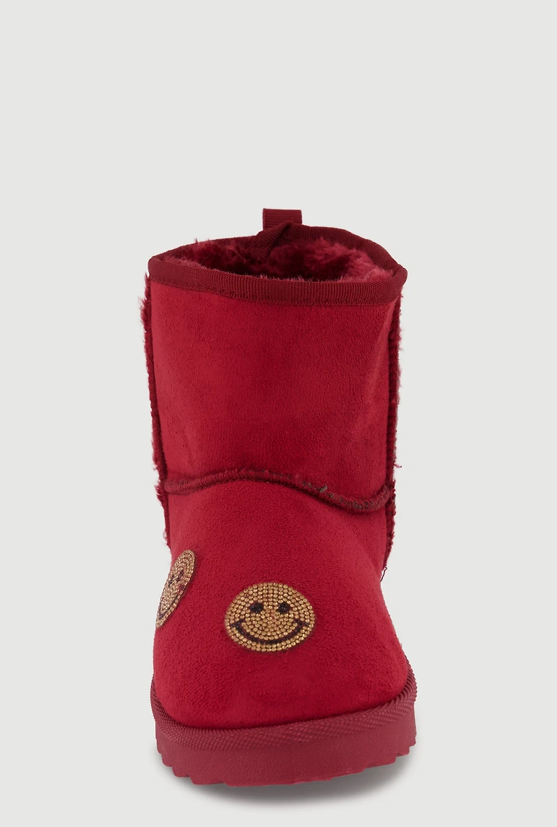 Womens Girls Faux Fur Lined Rhinestone Smiley Suede Booties, Burgundy,