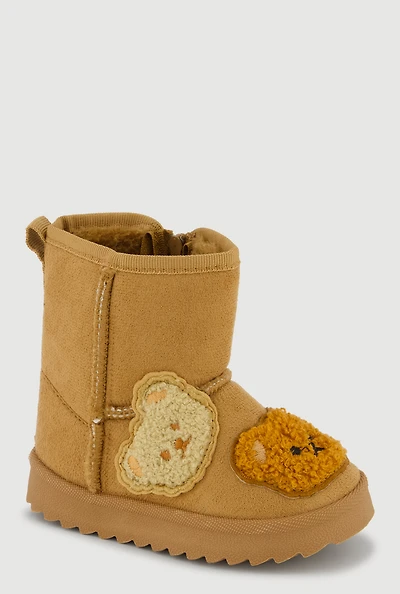 Womens Toddler Girls Bear Chenille Patch Side Zip Round Toe Booties, Brown,