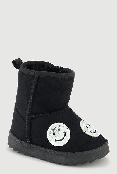 Womens Toddler Girls Faux Fur Lined Sequin Smiley Suede Booties,