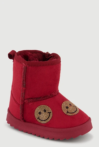 Womens Toddler Girls Faux Fur Lined Sequin Smiley Suede Booties,