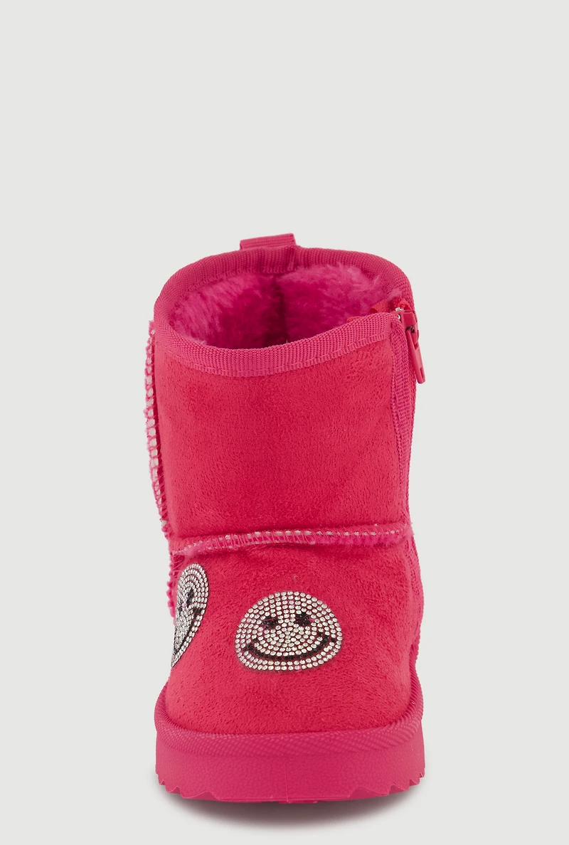 Womens Toddler Girls Faux Fur Lined Sequin Smiley Faux Suede Booties, Pink, Size 7