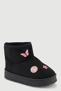 Womens Girls Faux Fur Lined Embroidered Patch Boots,