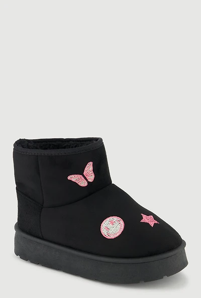 Girls Faux Fur Lined Embroidered Patch Boots