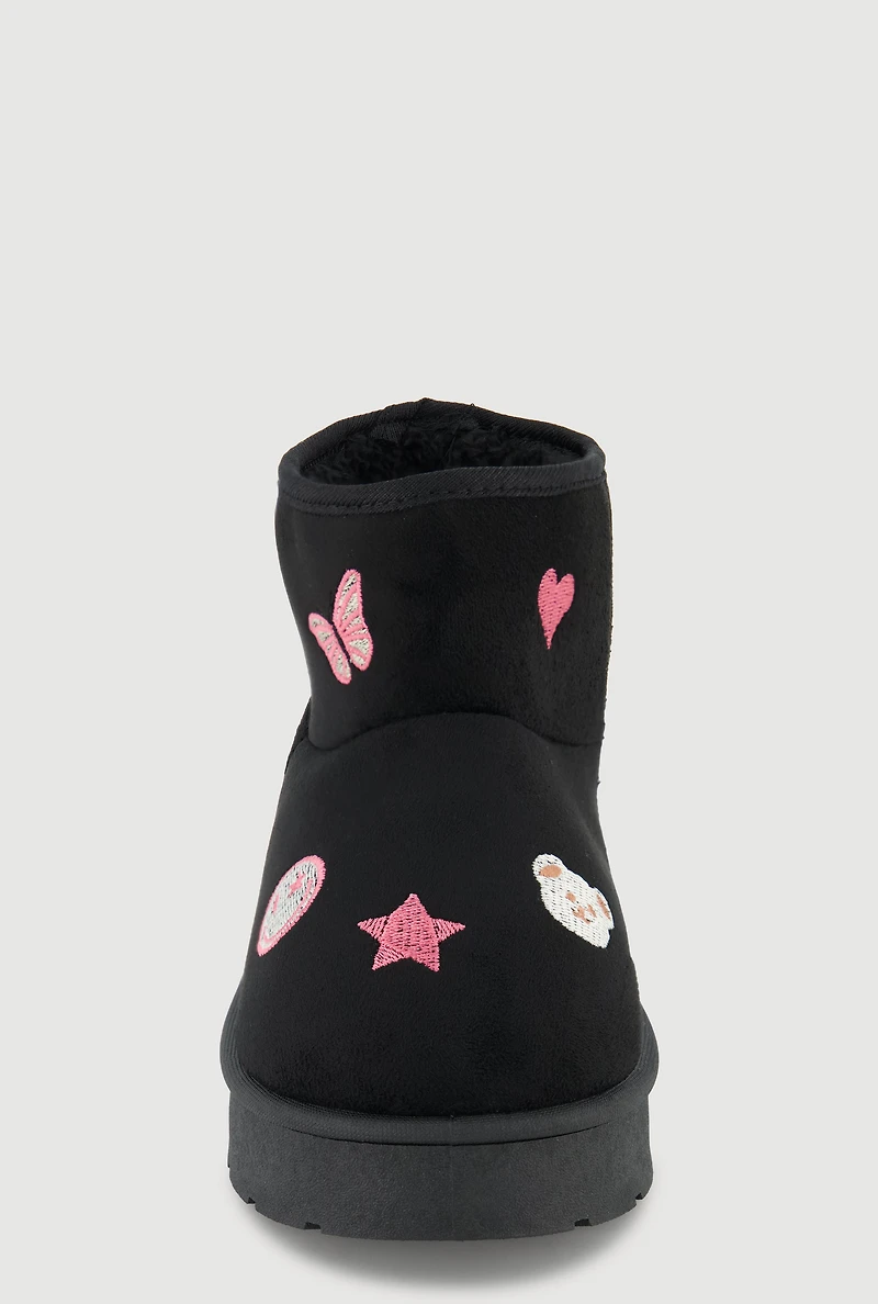 Womens Girls Faux Fur Lined Embroidered Patch Boots,