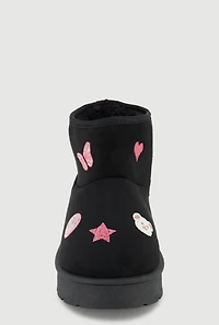 Girls Faux Fur Lined Embroidered Patch Boots