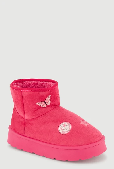 Womens Girls Faux Fur Lined Embroidered Patch Boots, Pink,