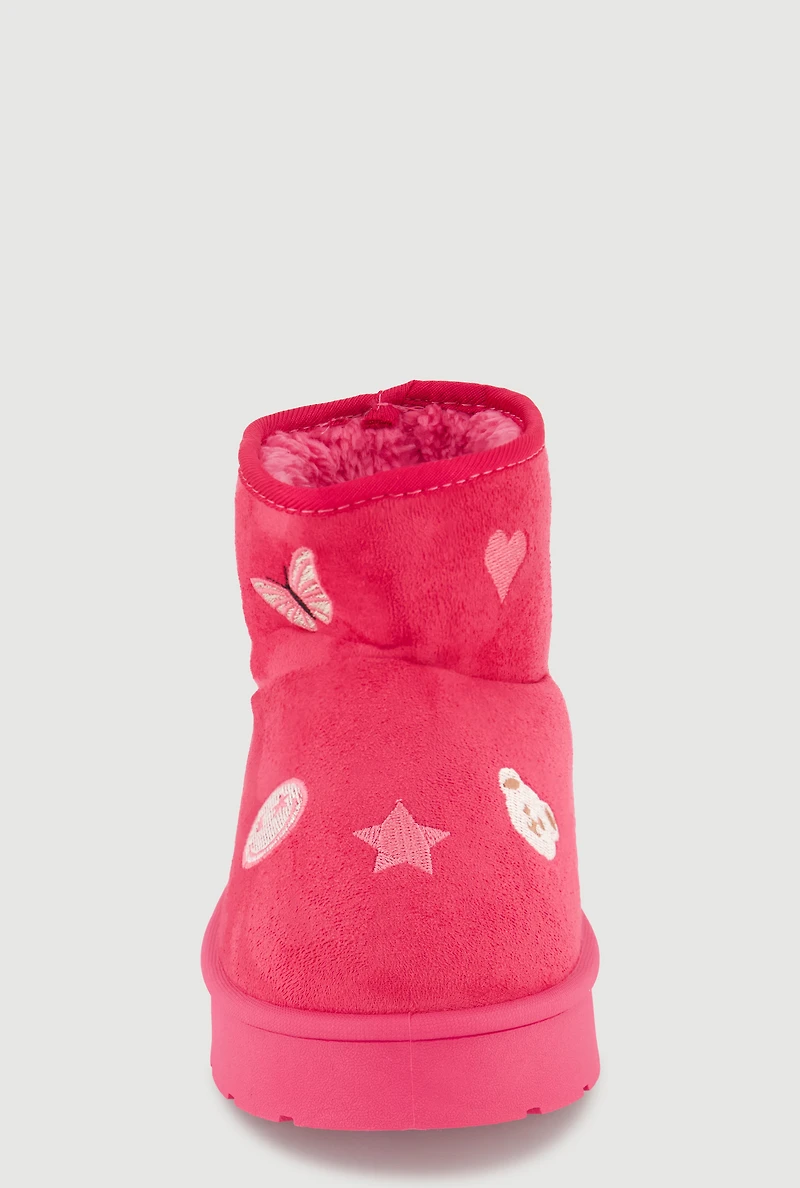 Womens Girls Faux Fur Lined Embroidered Patch Boots, Pink,