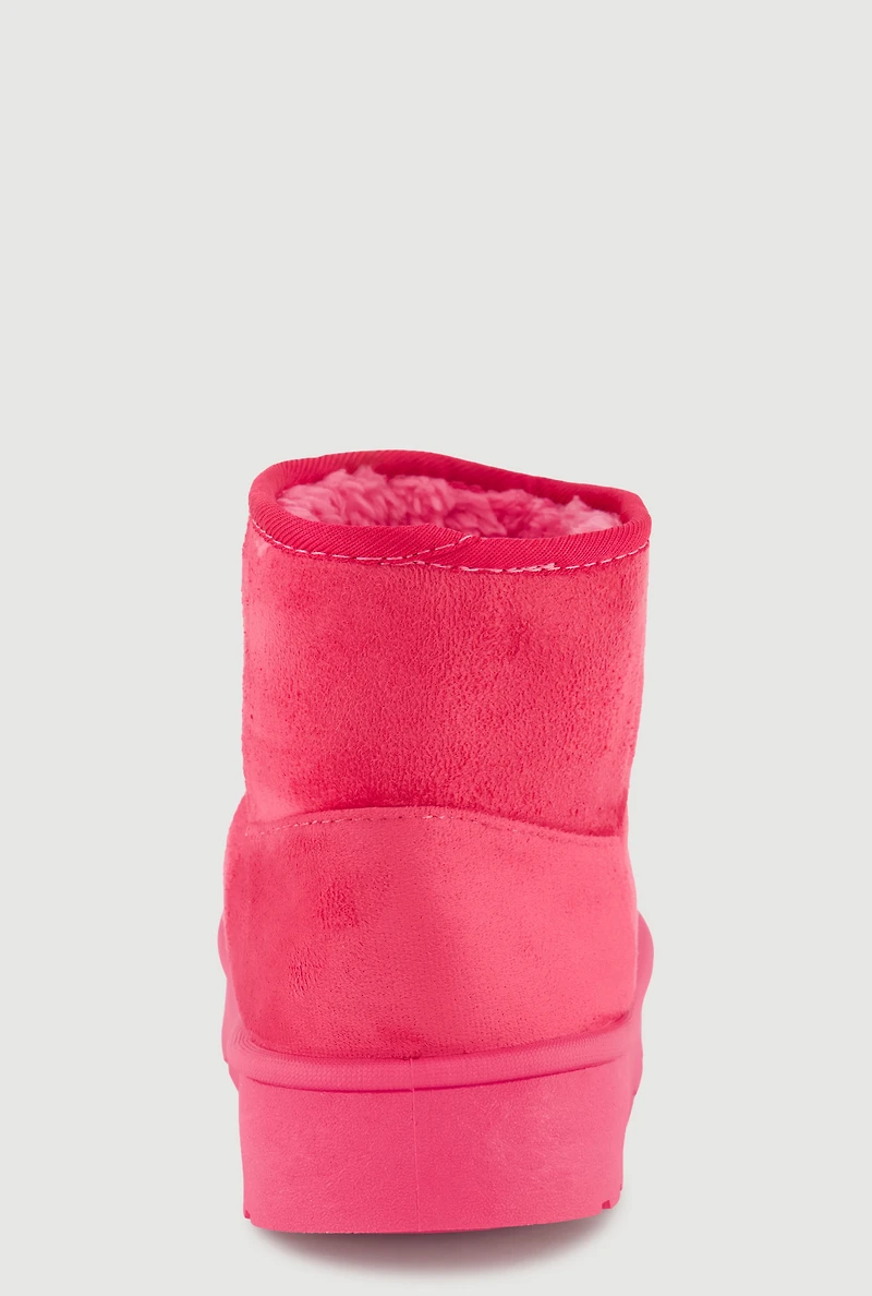 Womens Girls Faux Fur Lined Embroidered Patch Boots, Pink,