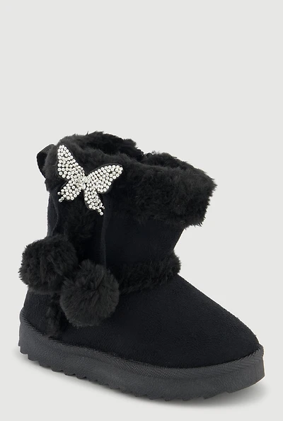 Womens Toddler Girls Rhinestone Butterfly Pom Detail Faux Suede Boots,