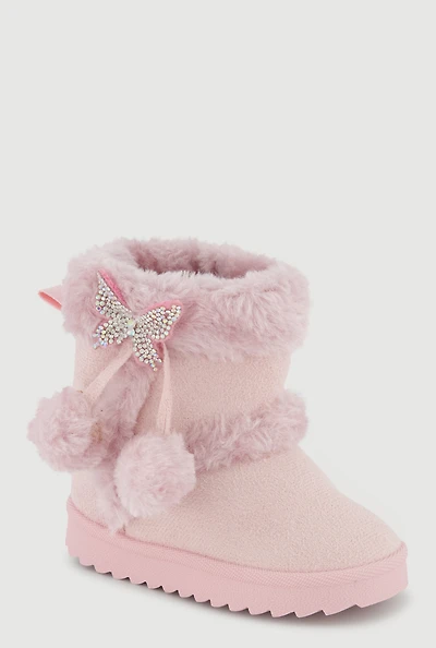 Womens Toddler Girls Rhinestone Butterfly Pom Detail Faux Suede Boots, Pink,