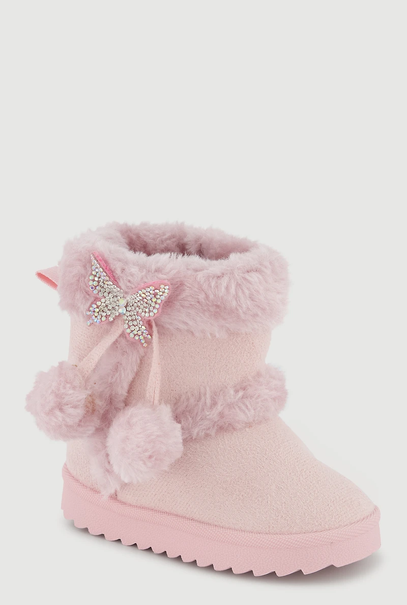 Womens Toddler Girls Rhinestone Butterfly Pom Pom Detail Faux Suede Boots, Pink, Size 9