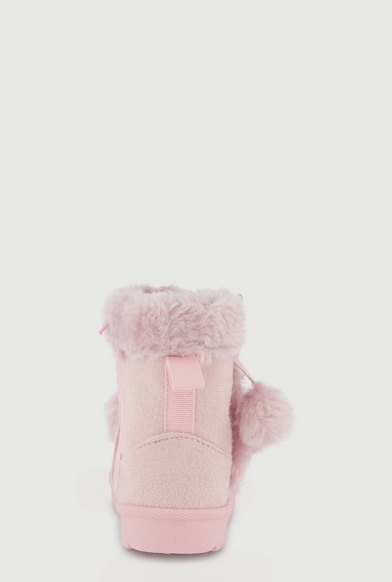 Womens Toddler Girls Rhinestone Butterfly Pom Detail Faux Suede Boots, Pink,