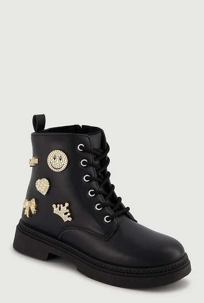 Girls Charm Detail Lace Up Combat Boots