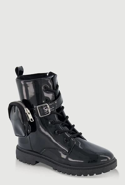 Womens Girls Faux Patent Leather Buckle Combat Boots with Pouch, Black,