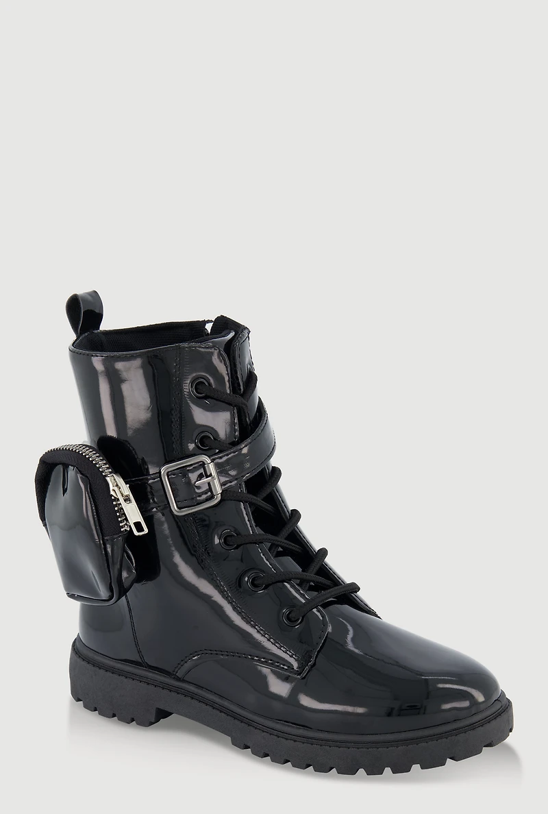 Womens Girls Faux Patent Leather Buckle Combat Boots with Pouch, Black,