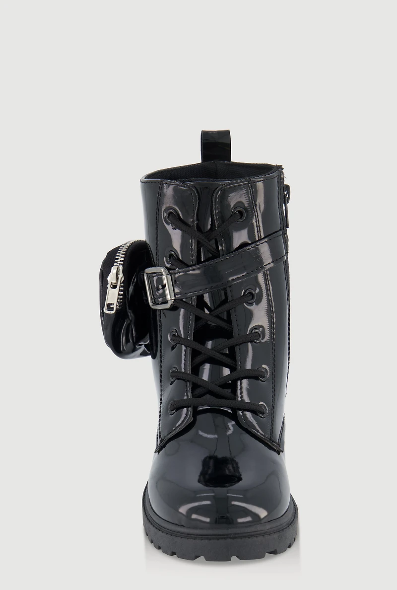 Womens Girls Faux Patent Leather Buckle Combat Boots with Pouch, Black,