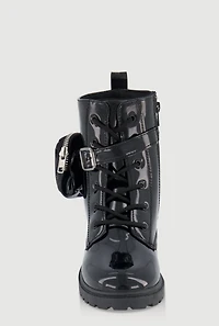 Girls Faux Patent Leather Buckle Combat Boots with Pouch